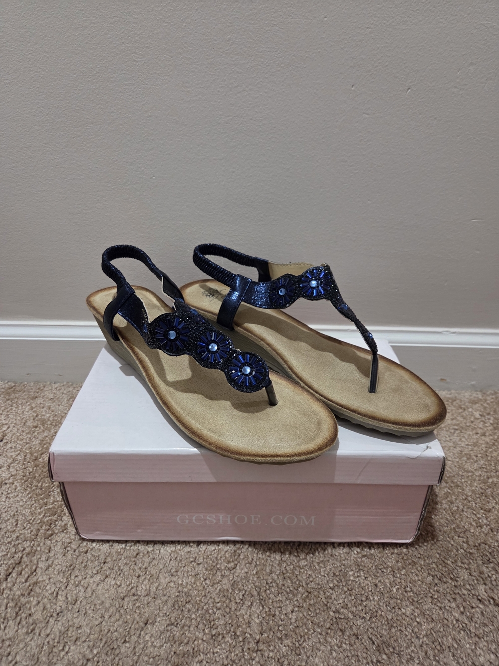 Navy Beaded T-Strap Slingback Sandals